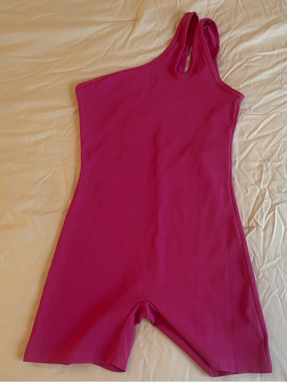 One Shoulder Pink Ribbed Romper - Picture 2 of 6
